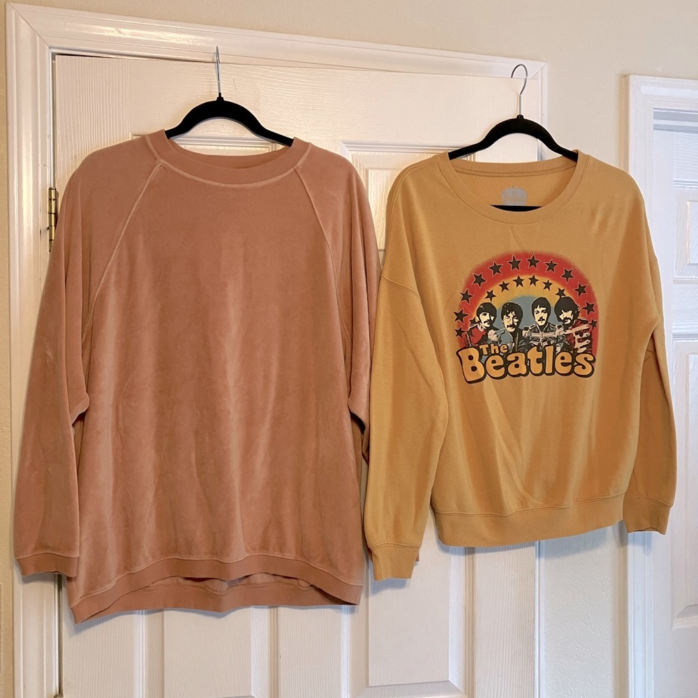 Bundle: aerie velour velvet pink/tan oversized crew pullover, Beatles mustard
